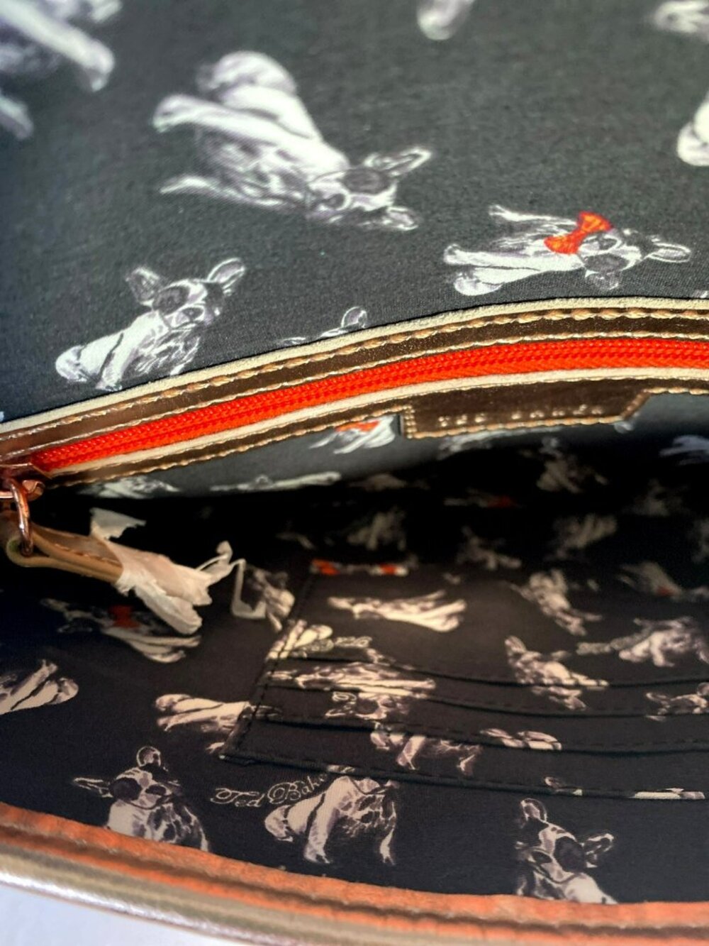 Ted Baker Pink Leather Envelope Clutch Rose Gold Hardware French Bulldog Lining - Picture 7 of 9